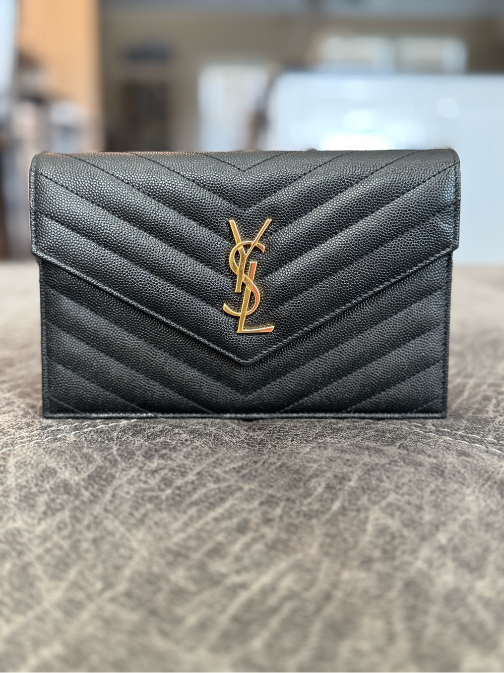 Saint Laurent YSL Envelope Wallet on Chain Black Caviar Gold Hardware Crossbody